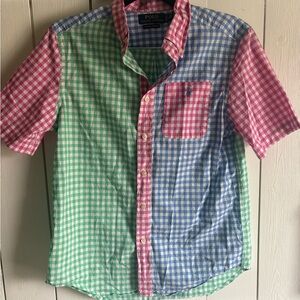 Ralph Lauren Multi-Panel Gingham Button-Down Shirt — Pink, Green, Blue